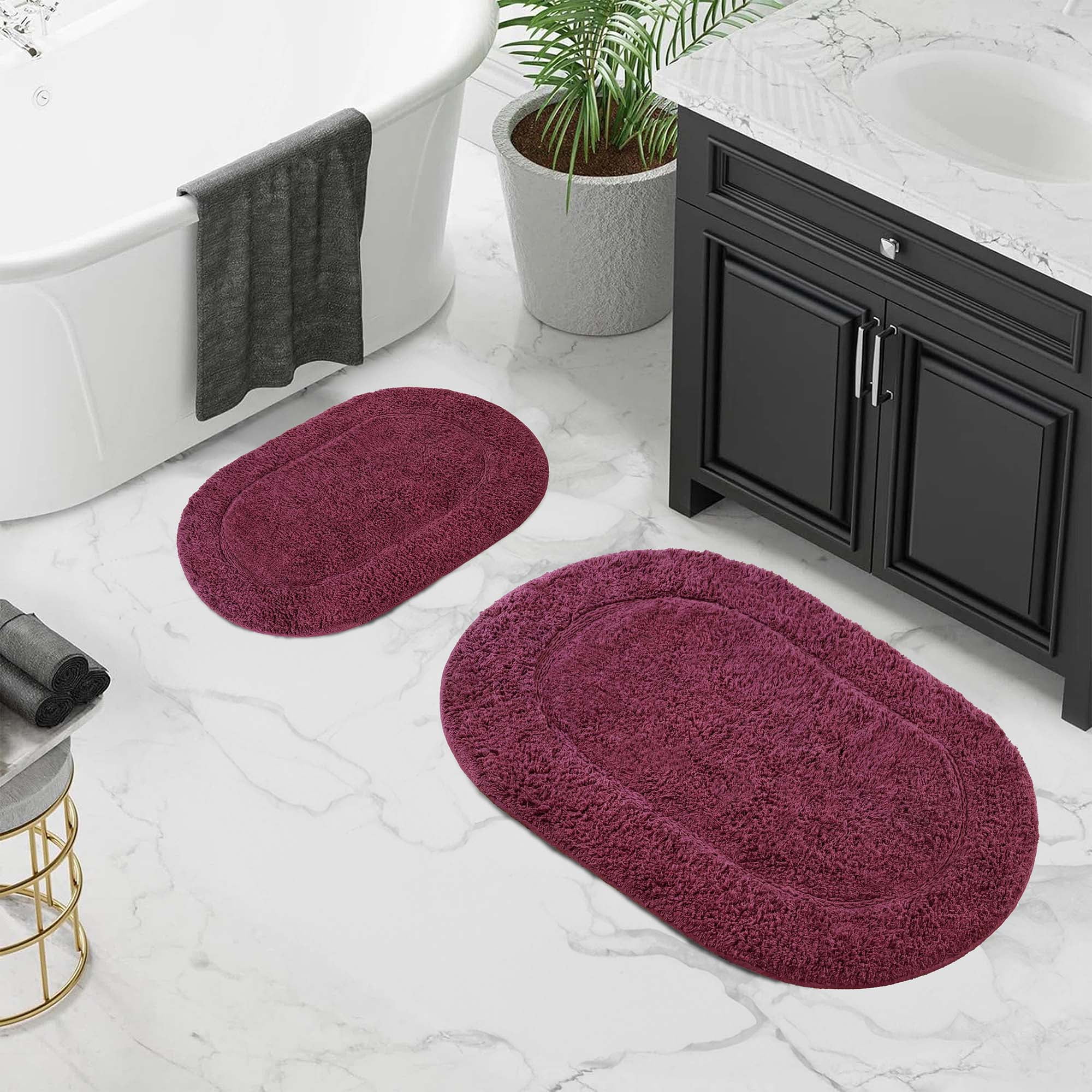 Plum Oval Cotton Non-Slip Bathroom Rug Set