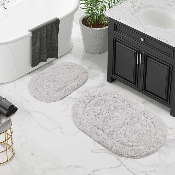 Superior Non-Slip Washable Bath Rug Set, 20" x 30", 24" x 36", Silver