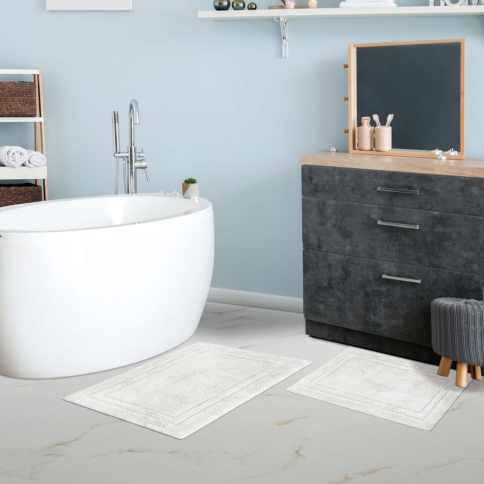 Superior White Cotton Non-Slip Square Bath Rug Set
