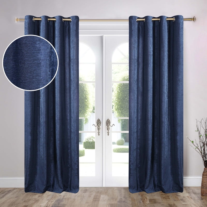 Superior Noor Semi-Blackout Chenille Curtains Set of 2, Room Darkening Curtain Panel Pair, Navy Blue, 52"W x 96"L