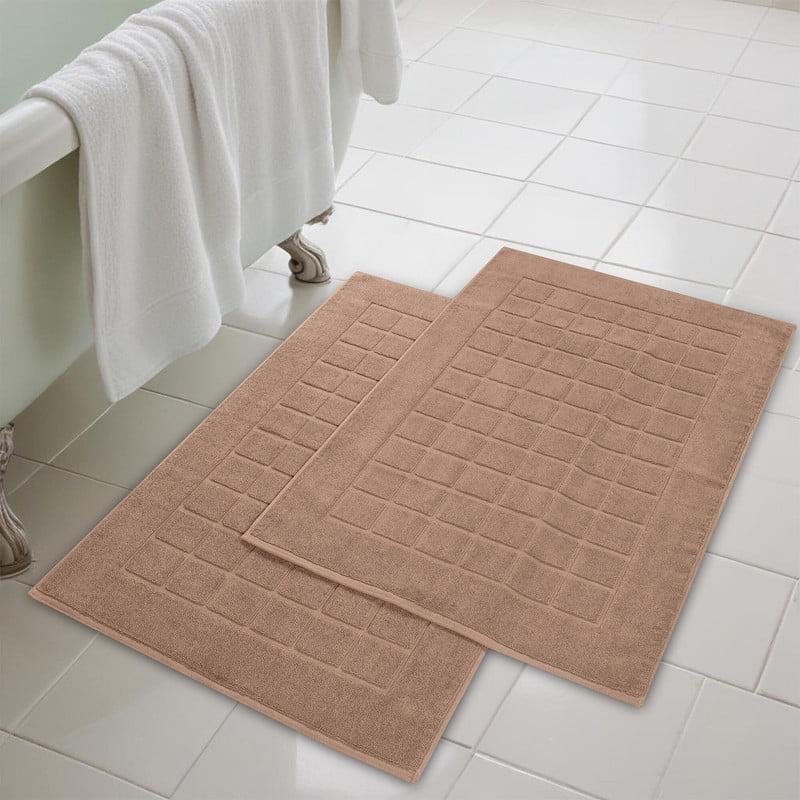 Superior Cotton Checkered Washable Bath Mat Set of 2, 35x22 in, Toast