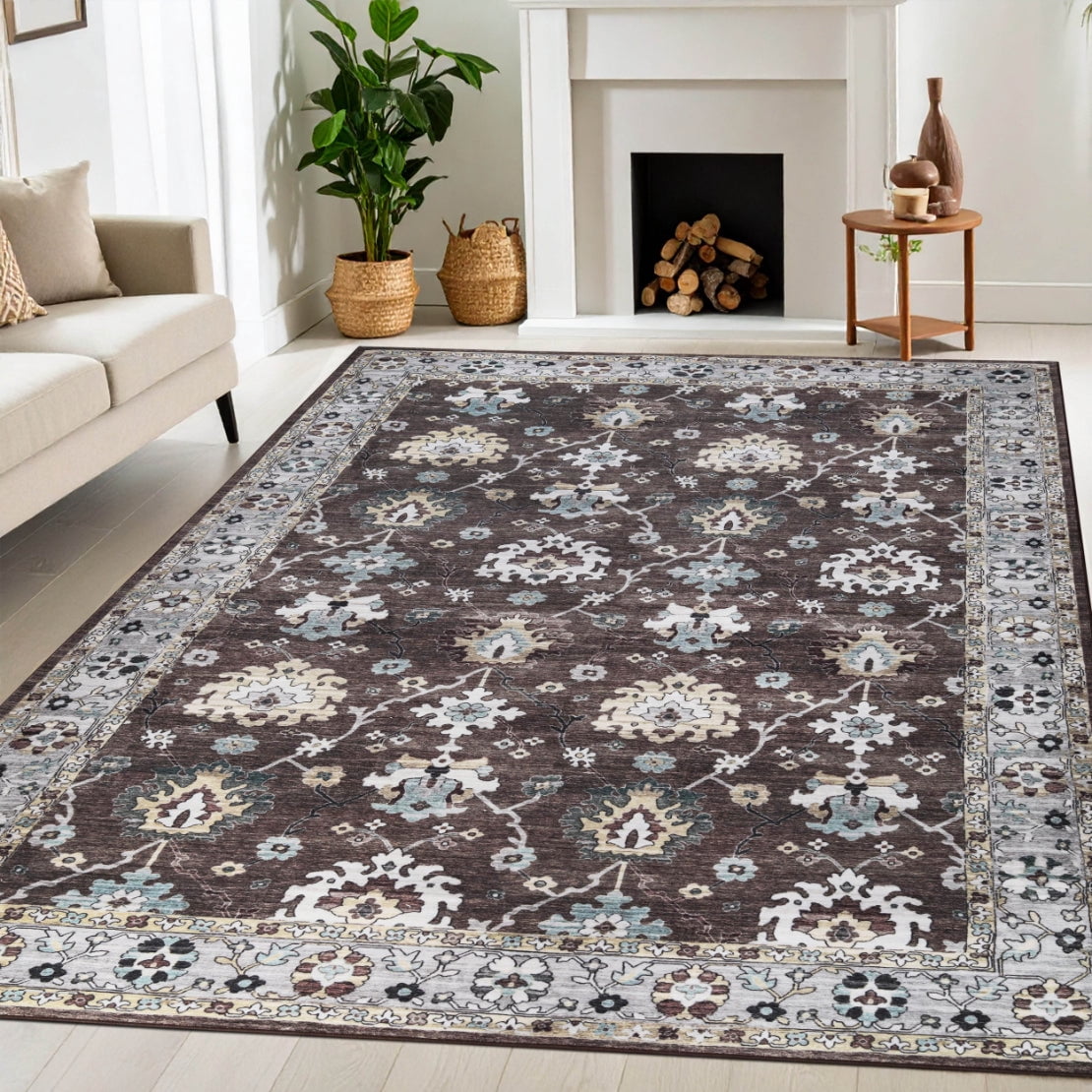 Superior Nuka Classic Floral Washable Indoor Area Rug, 10' x 14', Brown/ Grey