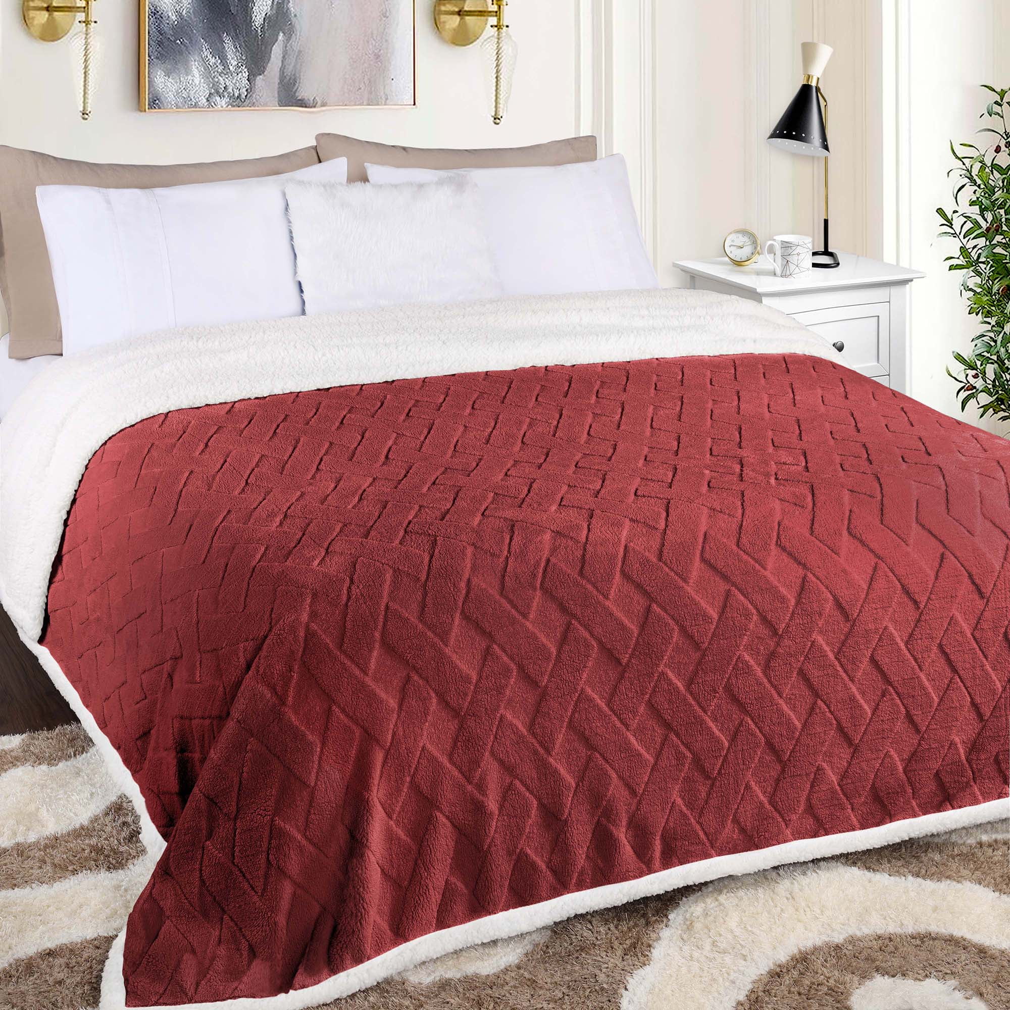 Superior Nuuk Fleece Reversible Lattice Blanket, Soft & Warm Blankets, King, Poppy Red
