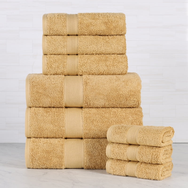 Superior Oregon Organic Cotton 9 Piece Towel Set, Soft Medium Weight Towels, Gold