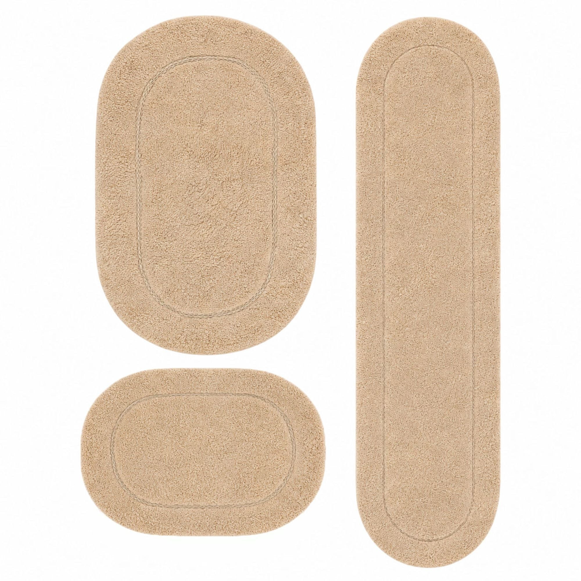 Superior Oval Non-Slip Cotton 3-Piece Bath Rug Set with Runner, Ivory