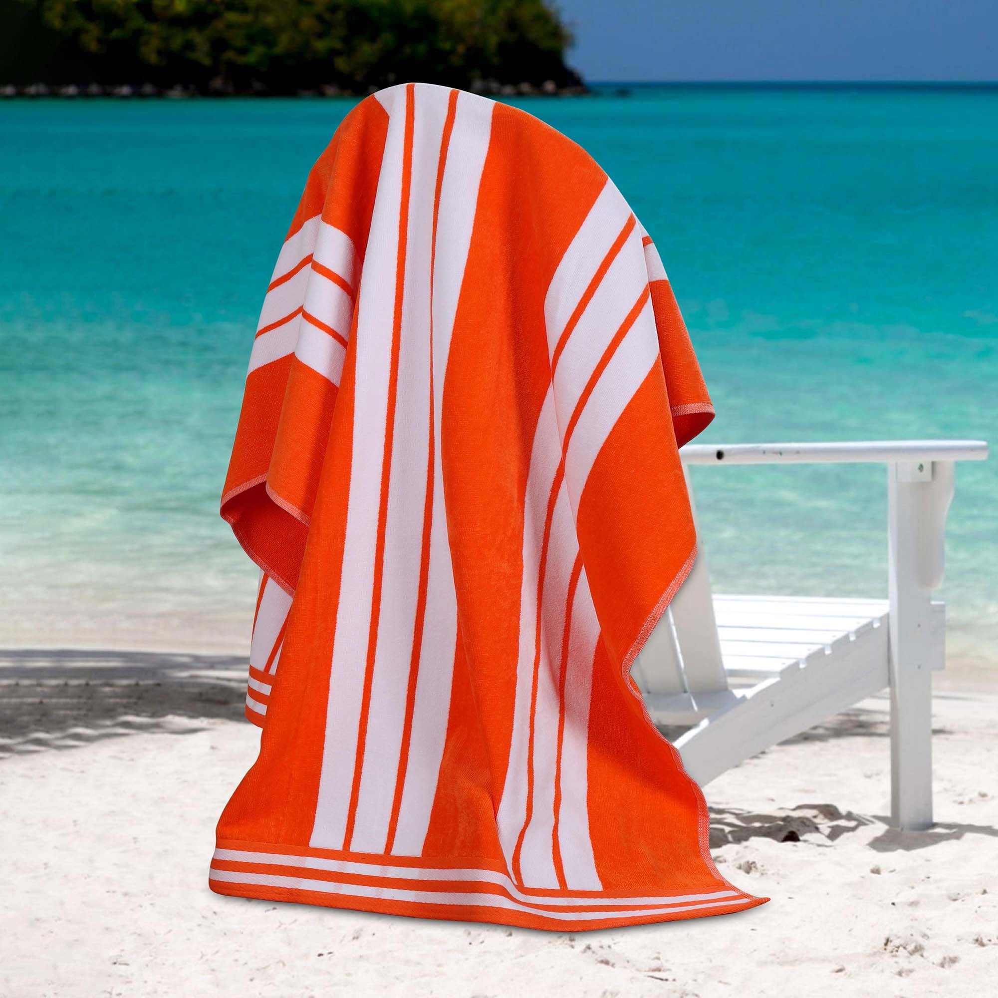Coral and White Striped Oversized Cotton Beach Towel