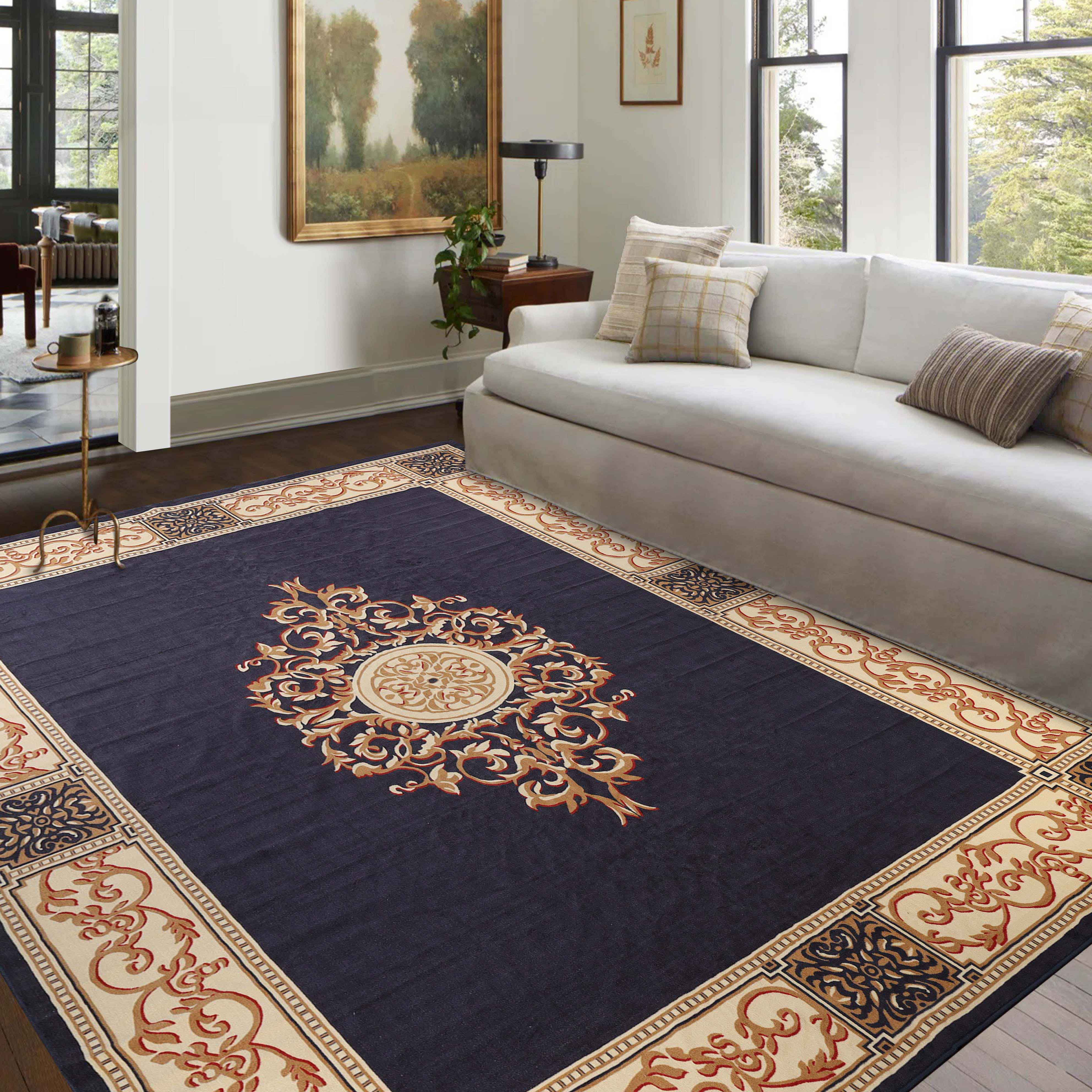 Midnight Blue Synthetic Medallion Area Rug, 10' x 14'