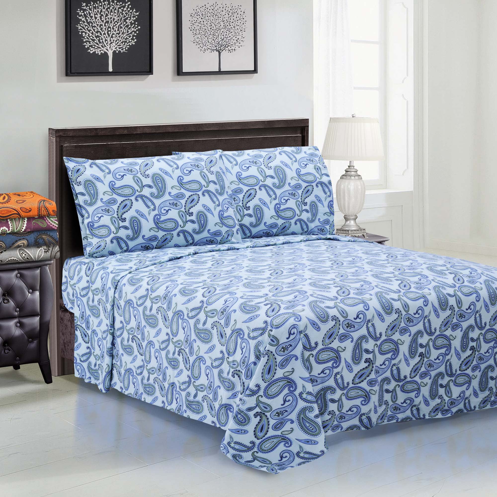 Light Blue Paisley Cotton Flannel Twin Duvet Cover Set