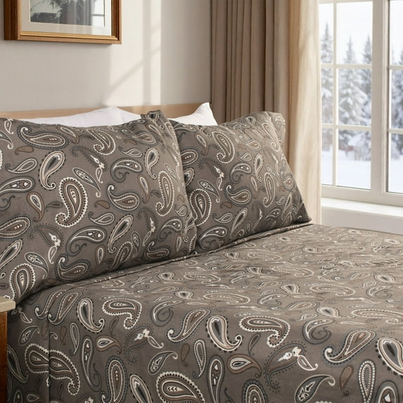 Superior Paisley Cotton Flannel Sheet Set, California King, Grey