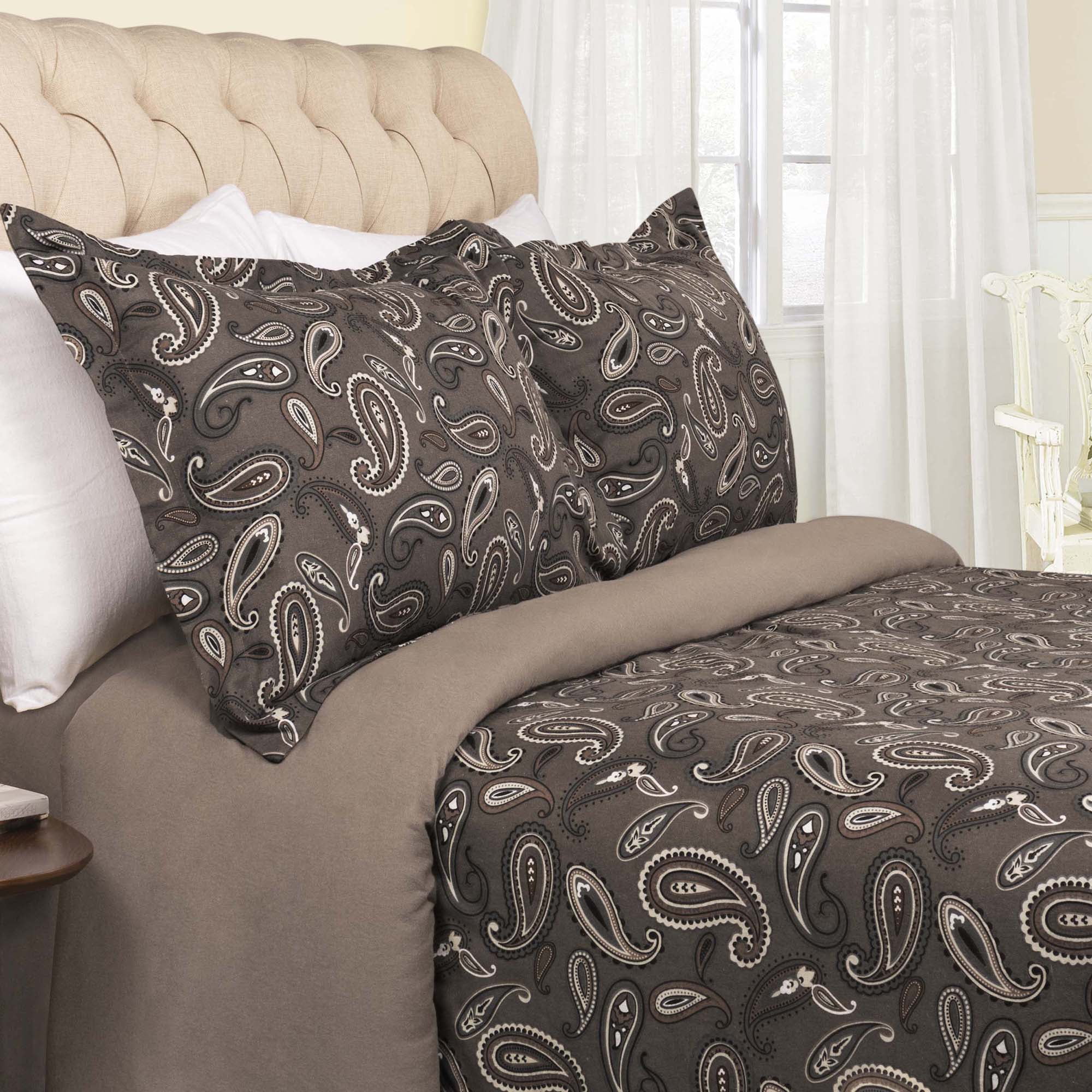 Charcoal Paisley Twin XL Flannel Cotton Duvet Cover Set