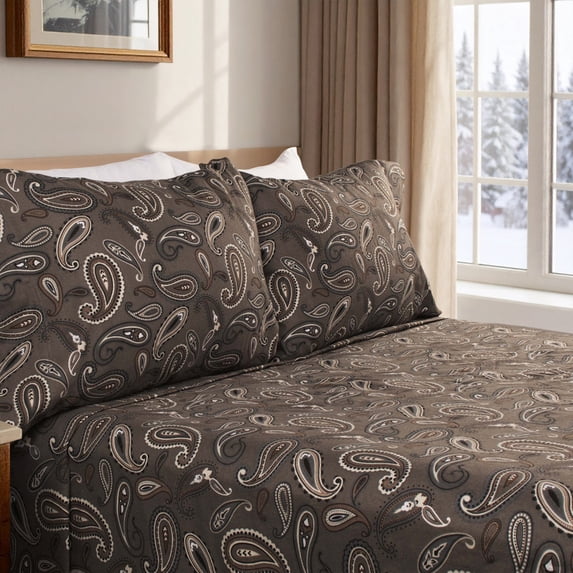 Superior Paisley Flannel Cotton Sheet Set, Cal King, Charcoal
