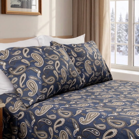 Superior Paisley Flannel Cotton Bed Sheet Set , Soft Fitted Sheets, California King, Navy Blue
