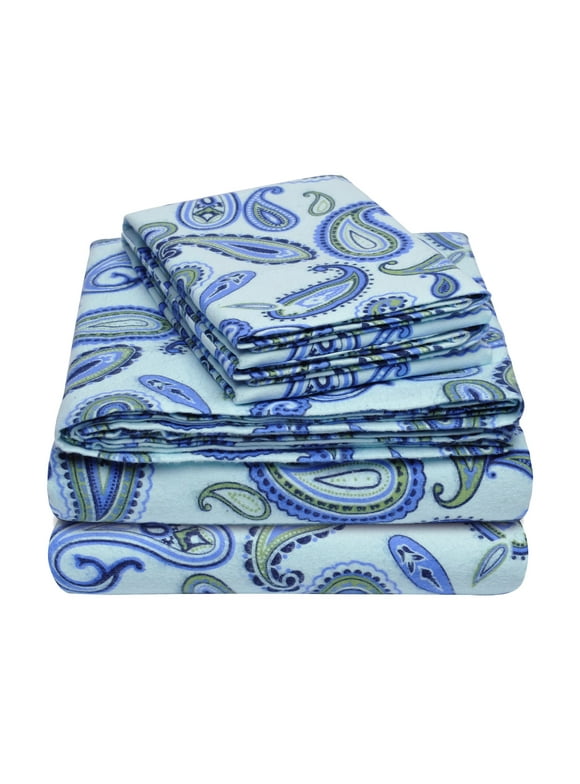 Superior Paisley Flannel Cotton Sheet Set, California King, Light Blue