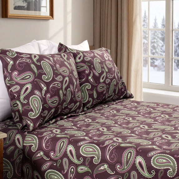 Superior Paisley Flannel Cotton Bed Sheet Set , Soft Fitted Sheets, Full, Purple