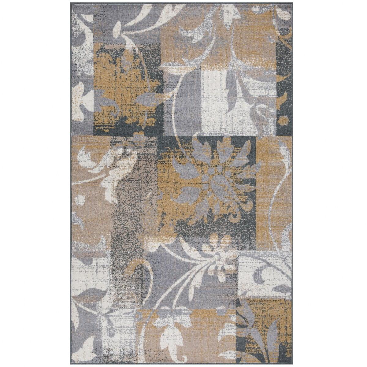 Elegant Camel Floral Patchwork Synthetic Area Rug, 5' x 8'