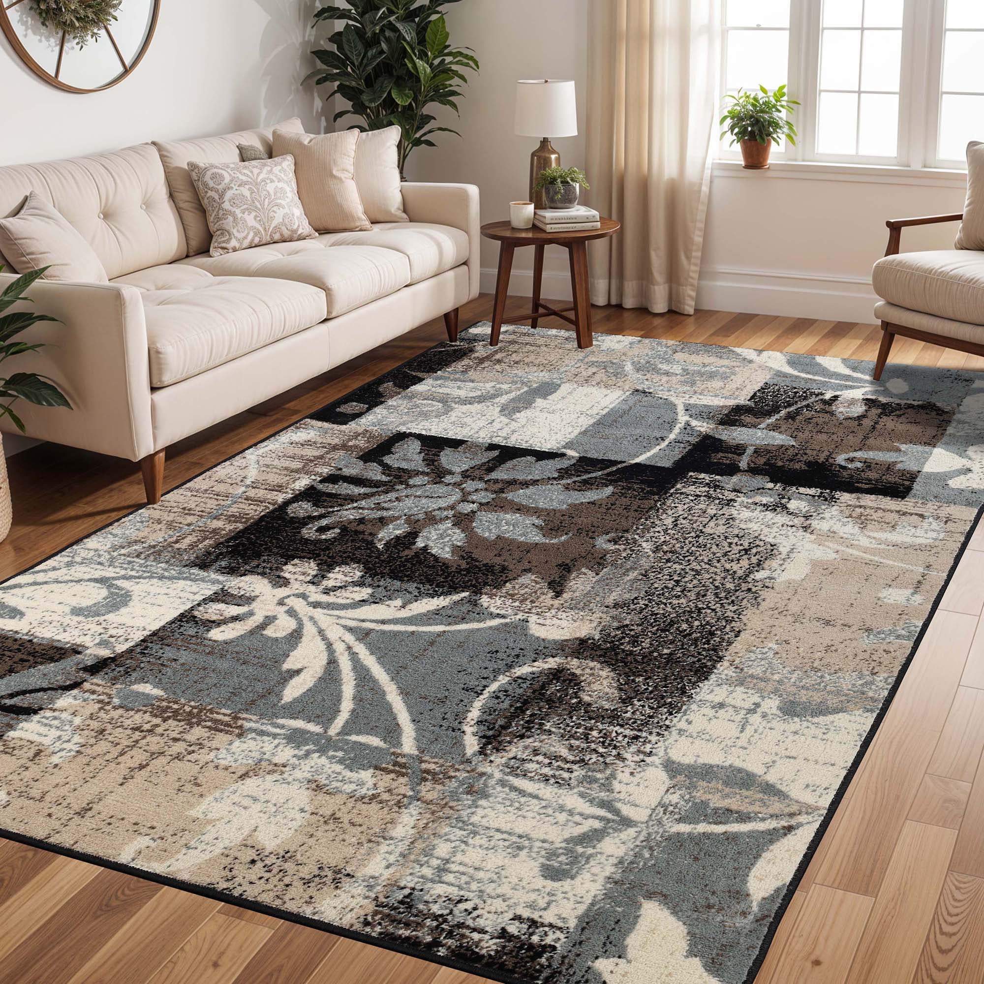 Beige Floral Patchwork Low Pile Area Rug, 6' x 9'
