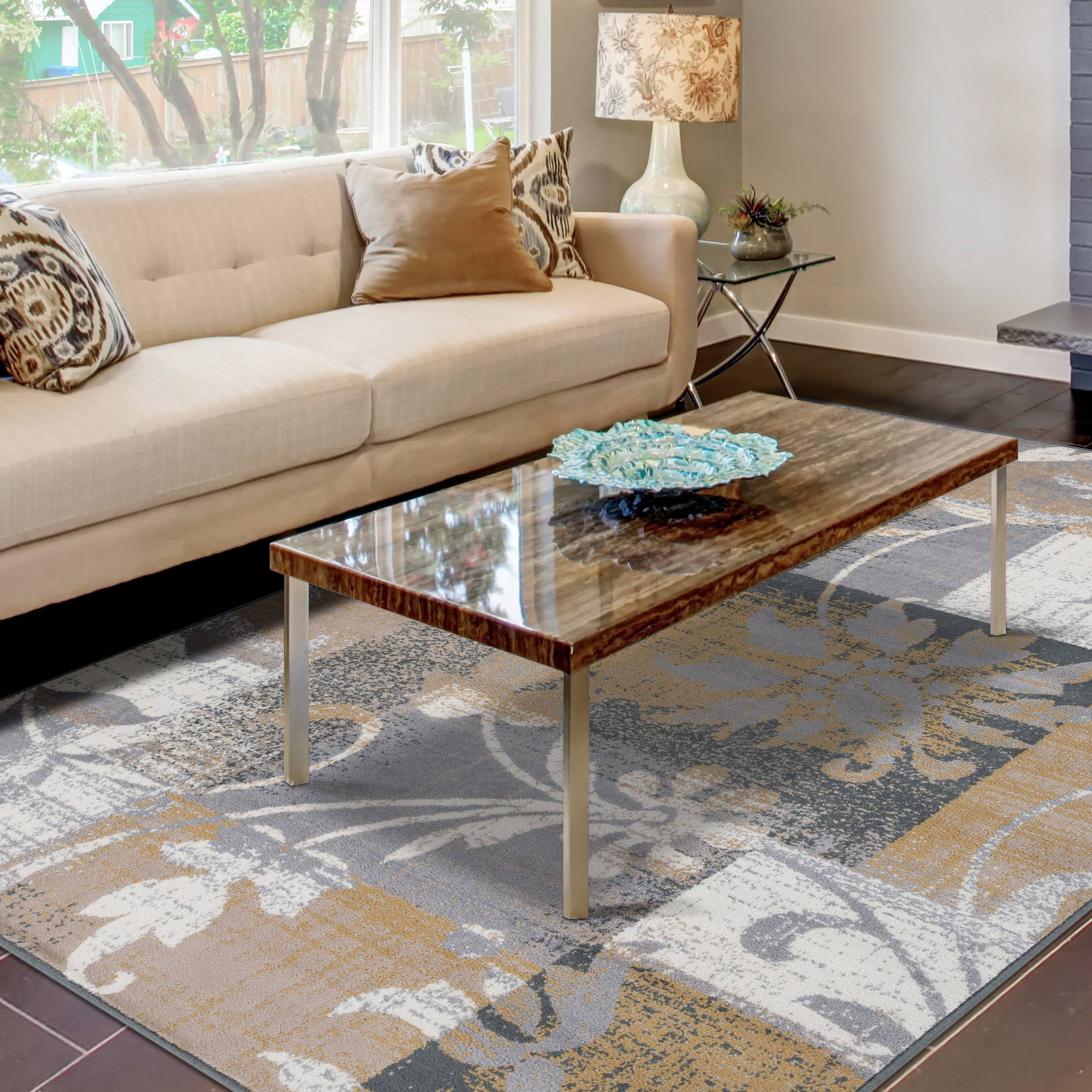 Camel and Gray Floral Patchwork 8' x 10' Area Rug