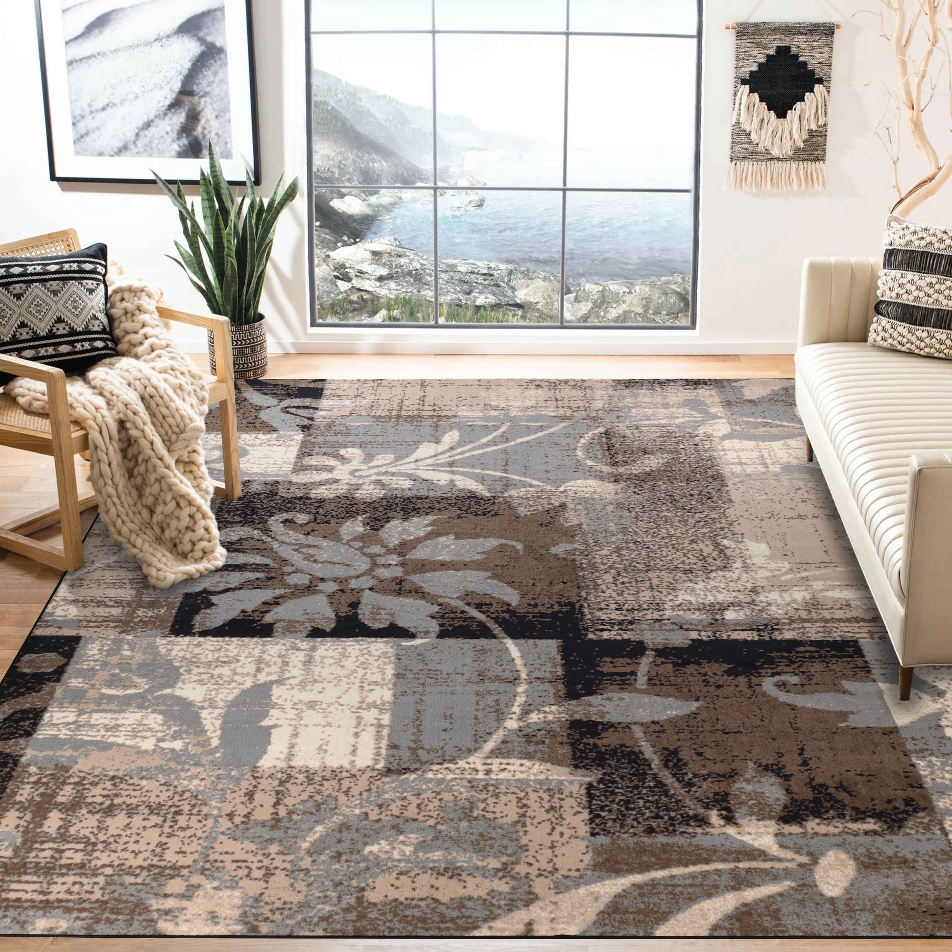 Beige Floral Patchwork Synthetic Kids Area Rug 12' x 18'