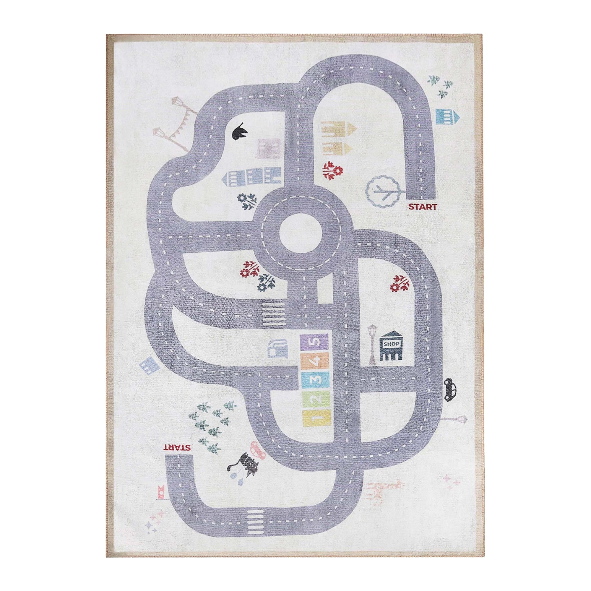 Superior Path Road Non-Slip Kids Washable Indoor Area Rug, 4' x 6', Ivory