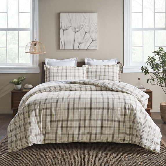 Superior Plaid Flannel Cotton Duvet Set, King/California King, Beige