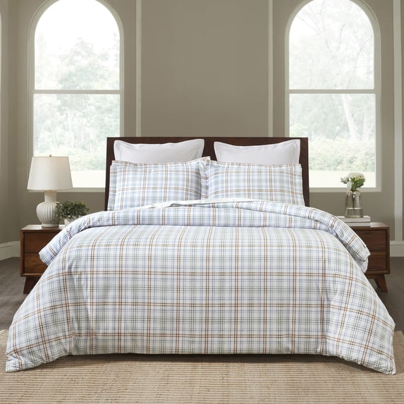 Superior Plaid Flannel Cotton Duvet Set, King/California King, Green Rust