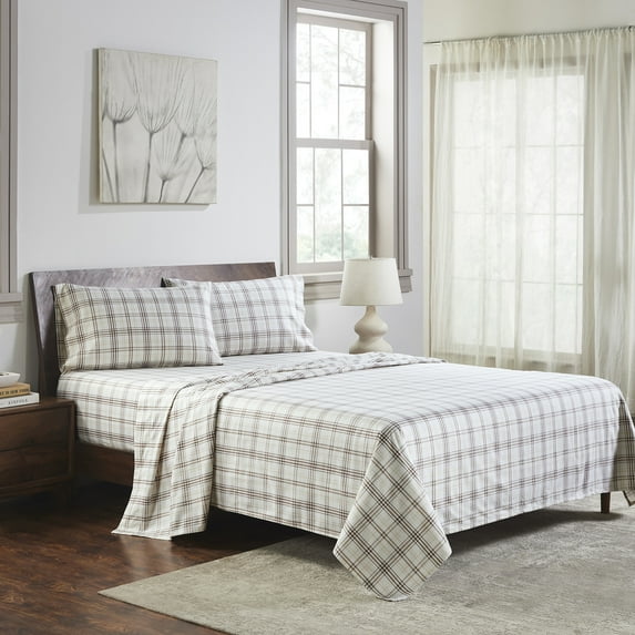 Superior Plaid Flannel Cotton Sheet Set, California King, Beige