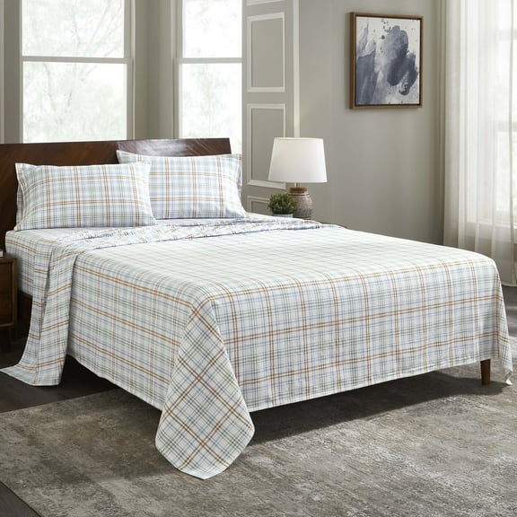 Superior Plaid Flannel Cotton Sheet Set, King, Green Rust