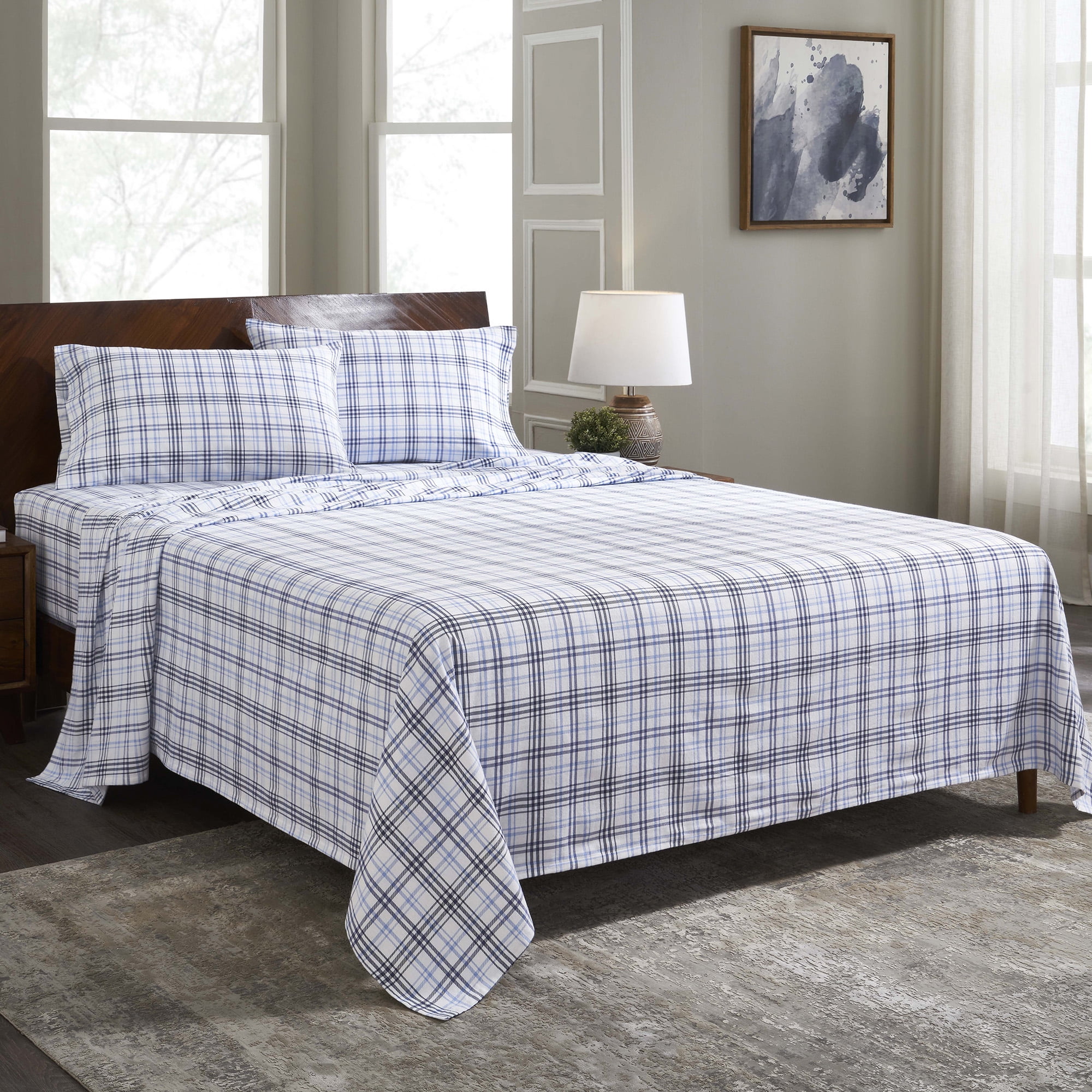 Twin Blue Plaid Cotton Flannel Deep Pocket Sheet Set