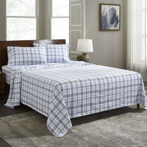Superior Plaid Flannel Cotton Sheet Set, Twin XL, Blue