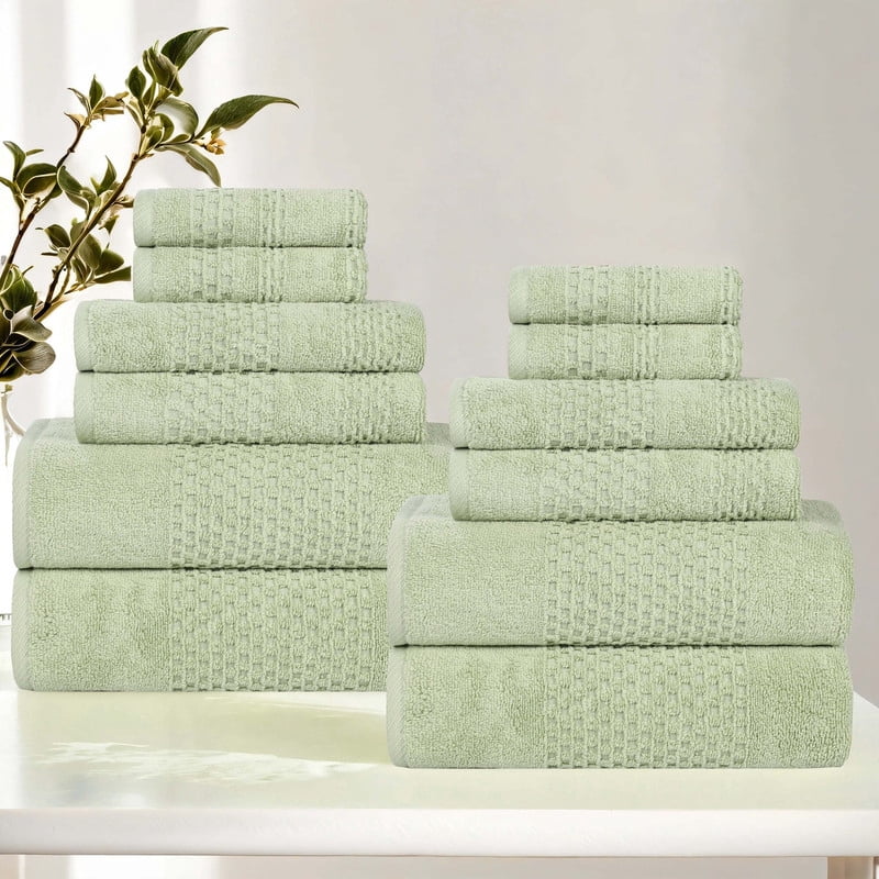 Superior Playa Zero Twist Cotton Solid Waffle Textured 12 Piece Towel Set, Green