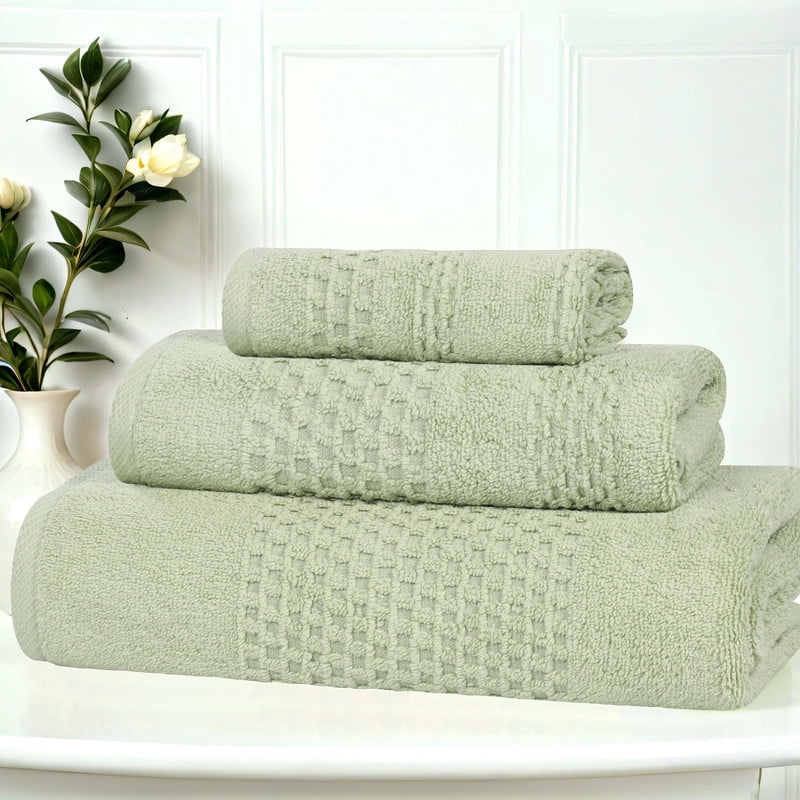 Superior Playa Zero Twist Cotton Solid Waffle Textured 3 Piece Towel Set, Green