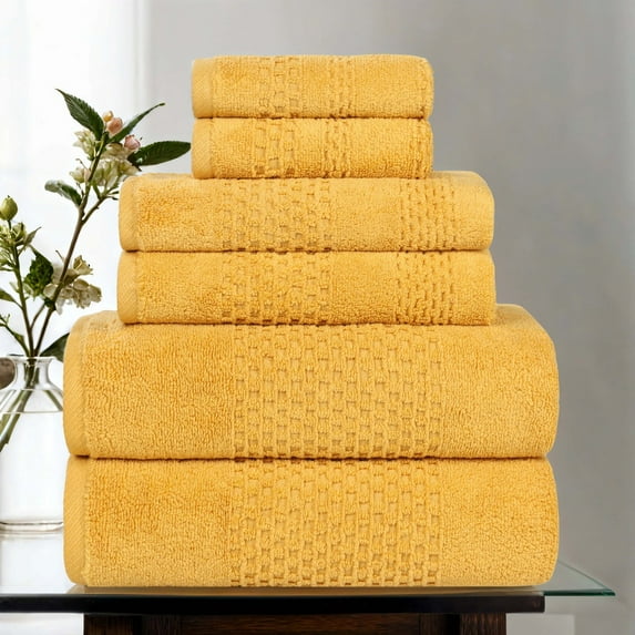 Superior Playa Zero Twist Cotton Solid Waffle Textured 6 Piece Towel Set, Gold