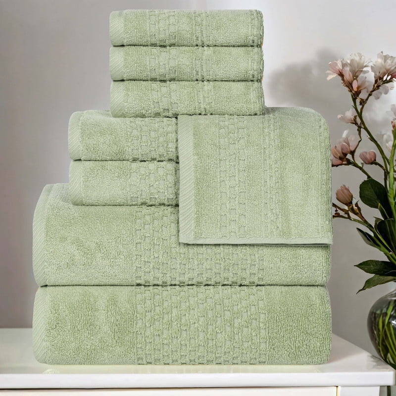 Superior Playa Zero Twist Cotton Solid Waffle Textured 8 Piece Towel Set, Green