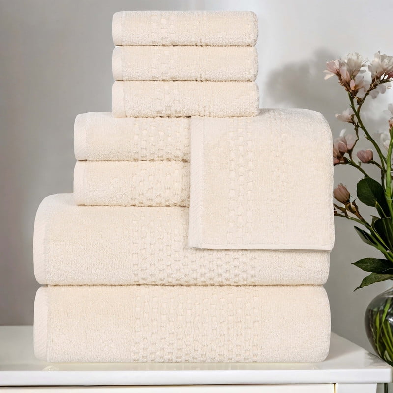 Superior Playa Zero Twist Cotton Solid Waffle Textured 8 Piece Towel Set, Ivory