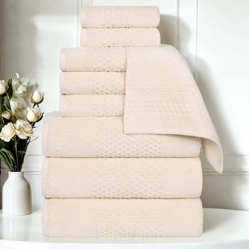 Superior Playa Zero Twist Cotton Solid Waffle Textured 9 Piece Towel Set, Ivory