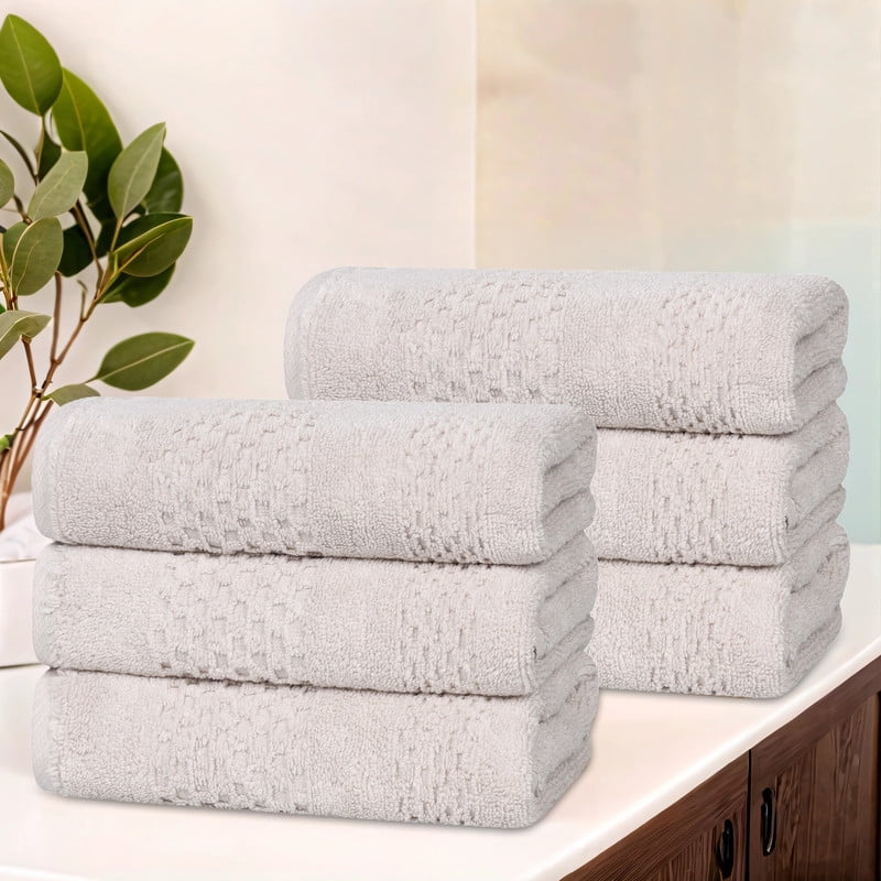 Superior Playa Zero Twist Cotton Solid Waffle Textured Absorbent Hand Towels, Set of 6, Silver