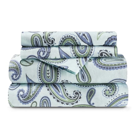 Superior Paisley Flannel Cotton Bed Sheet Set , Soft Fitted Sheets, King, Light Blue