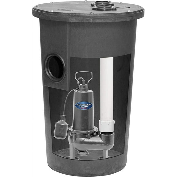 Superior Pump 93015-U Cast Iron Tethered Float Switch Sewage Pump with Basin Kit, 1/2 HP, Black, 22 x 22 x 37