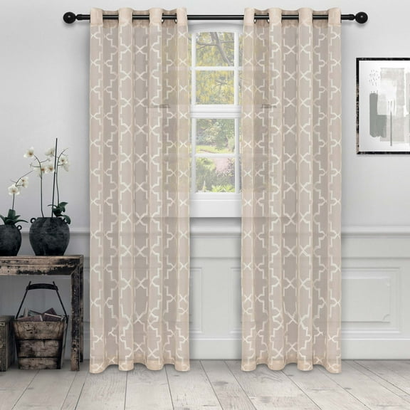 Superior Quatrefoil Embroidered Sheet Grommet Curtain Panel, Set of 2, 52" W x 63" L, Beige