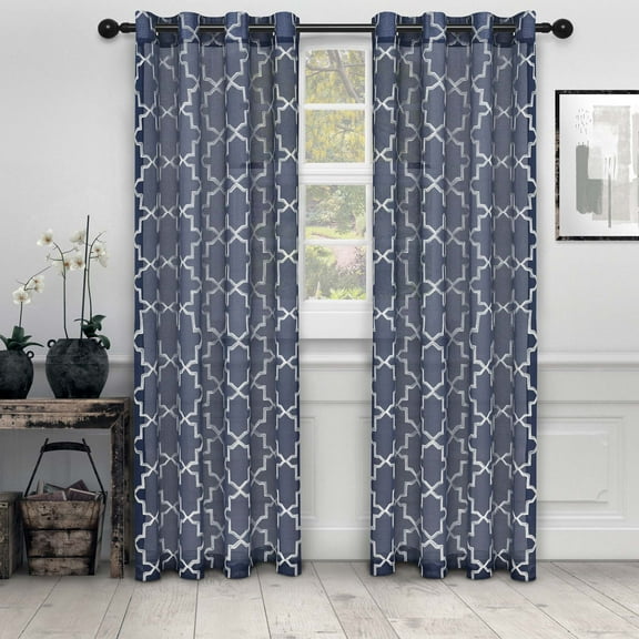Superior Quatrefoil Embroidered Sheet Grommet Curtain Panel, Set of 2, 52" W x 63" L, Navy Blue