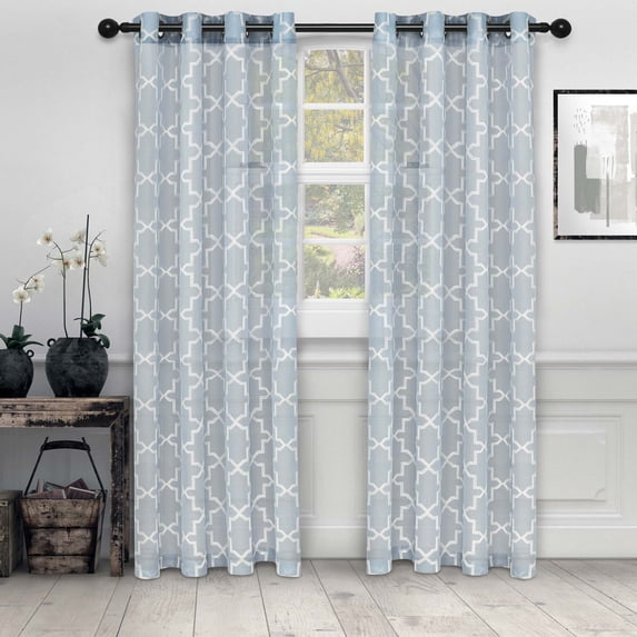 Superior Quatrefoil Embroidered Sheet Grommet Curtain Panel, Set of 2, 52" W x 96" L, Light Blue