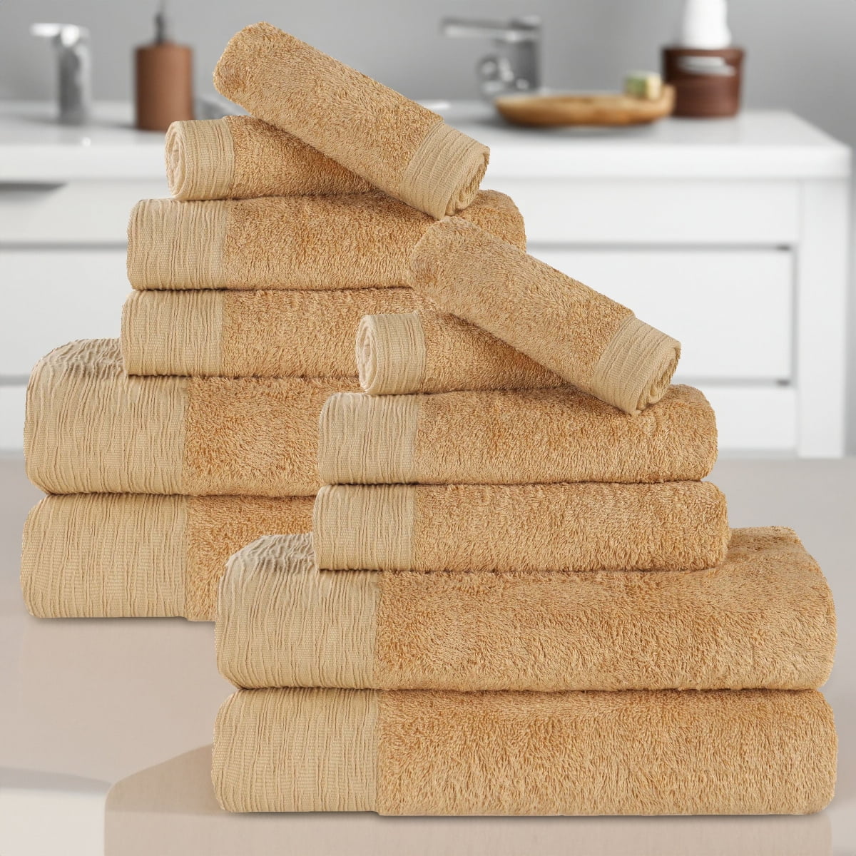 Superior Rayon From Bamboo Soft 12-Piece Towel Set, Cotton Blend Modern Towels, Gold