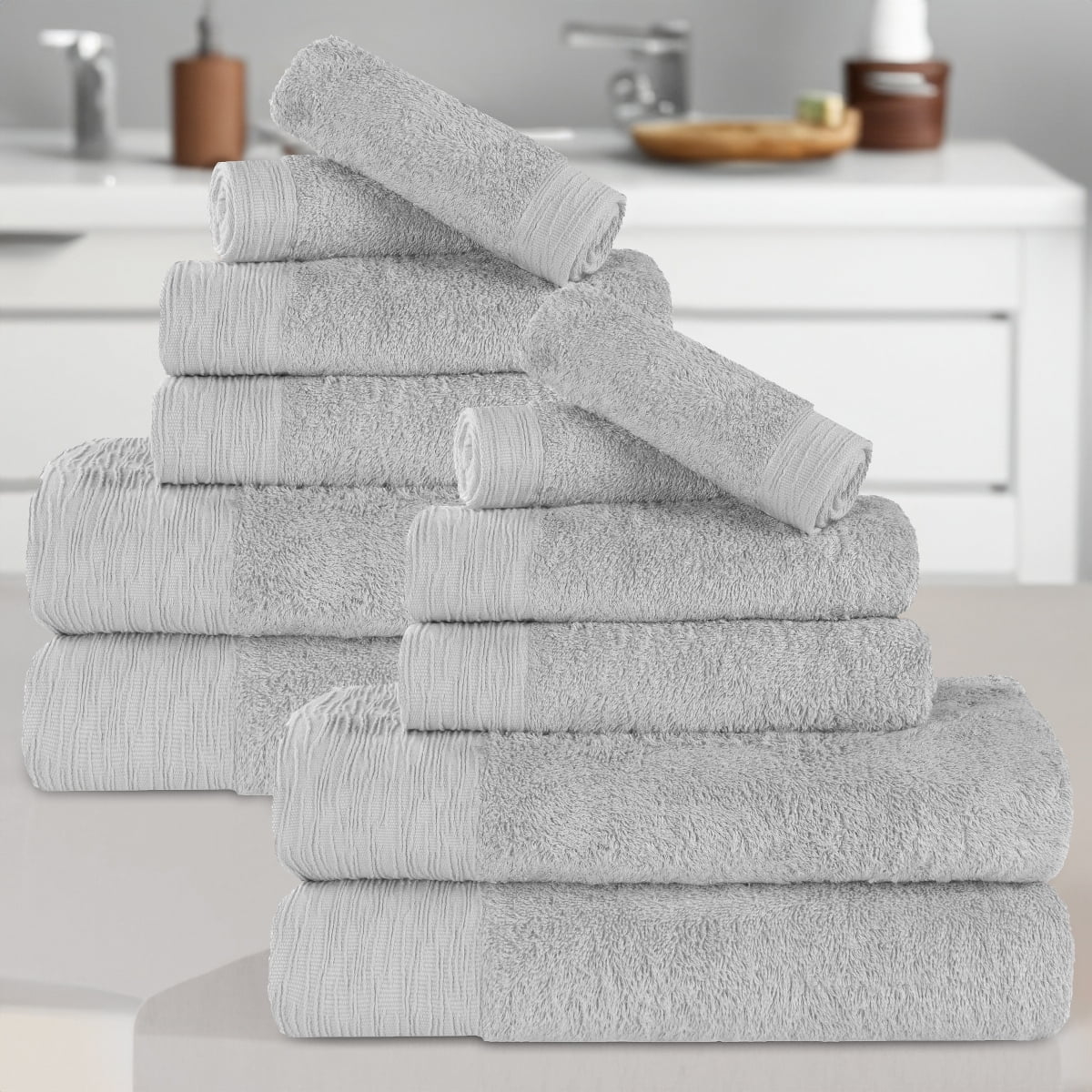 Superior Rayon From Bamboo Soft 12-Piece Towel Set, Cotton Blend Modern Towels, Platinum