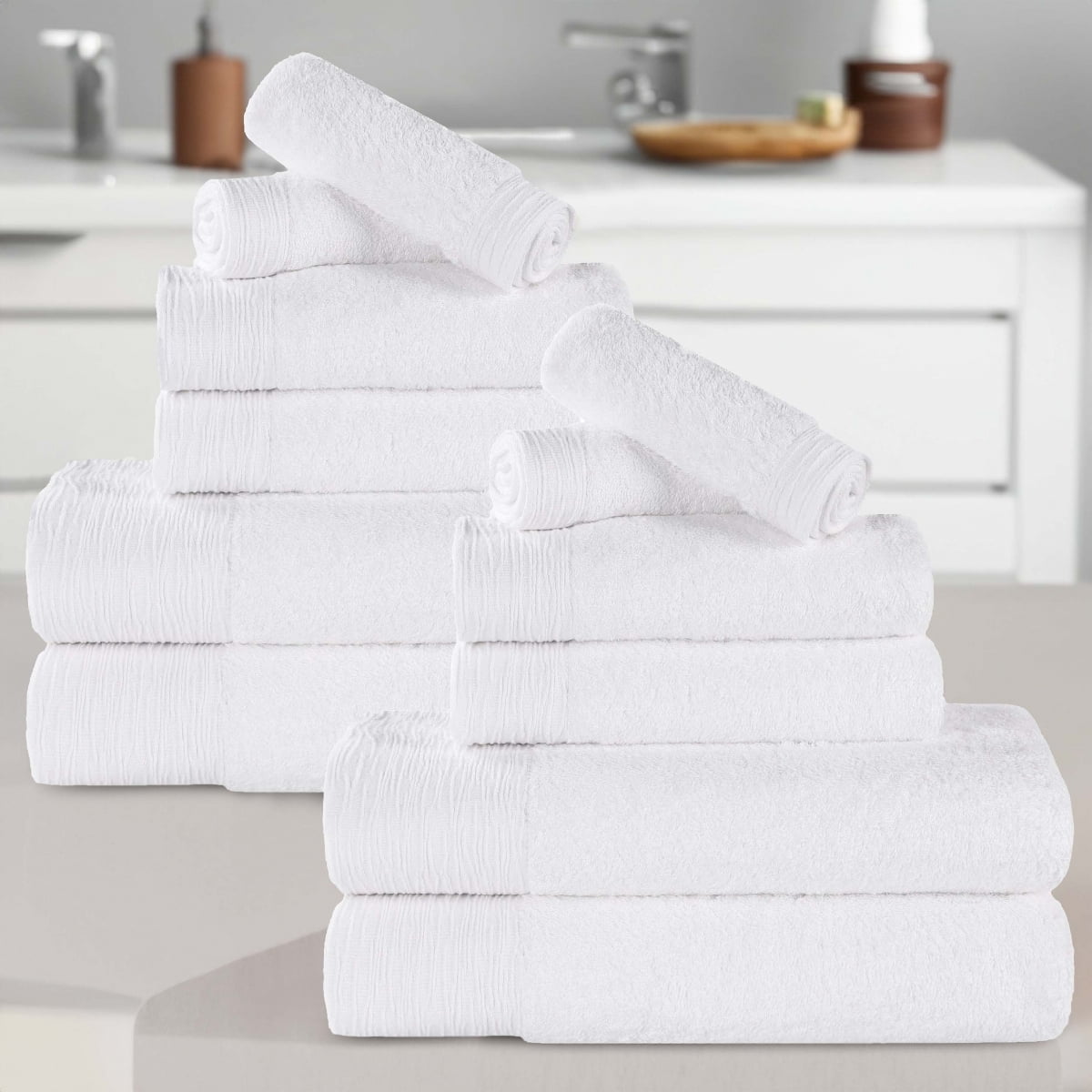 Superior Rayon From Bamboo Soft 12-Piece Towel Set, Cotton Blend Modern Towels, White