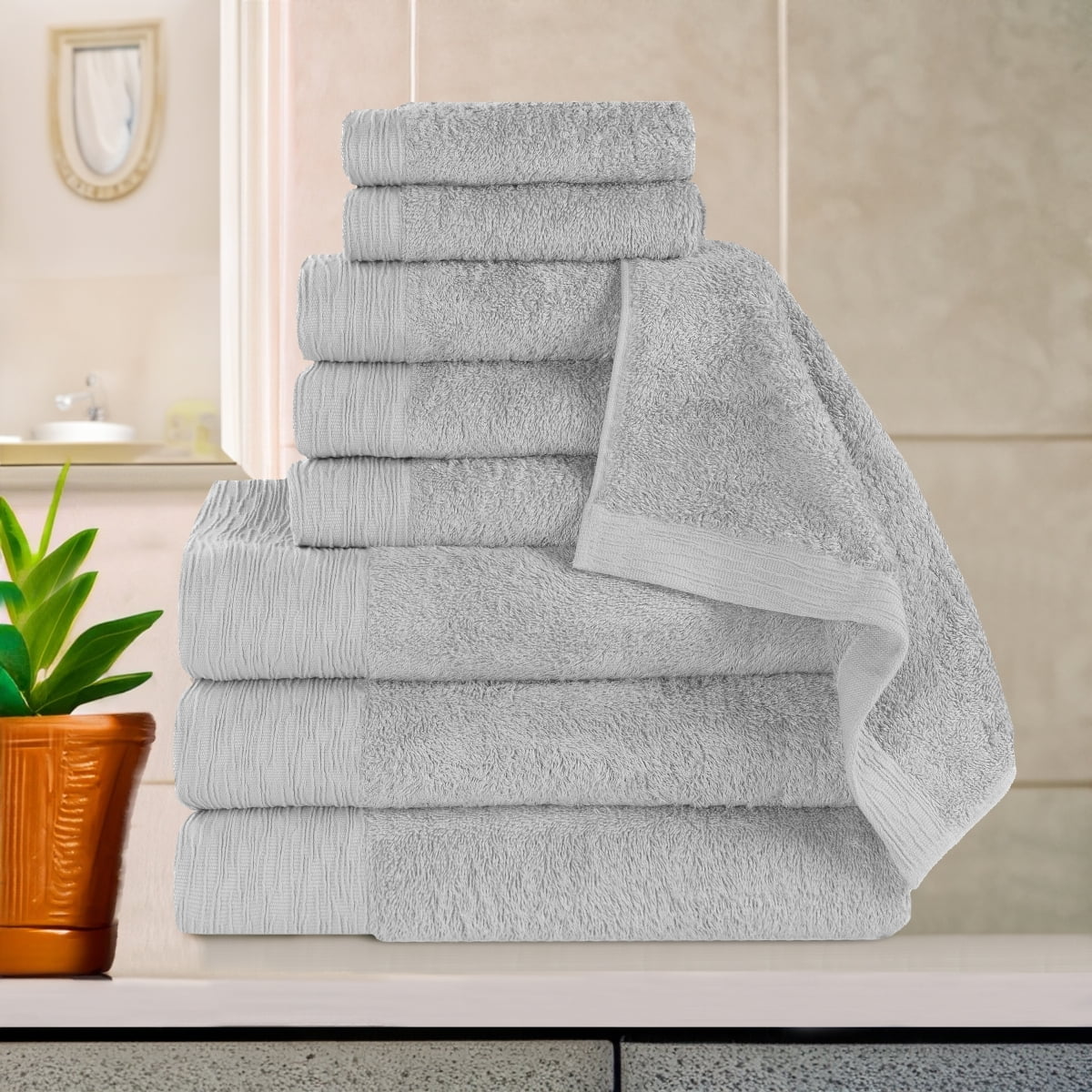 Superior Rayon from Bamboo Soft Modern 9-Piece Towel Set, Platinum