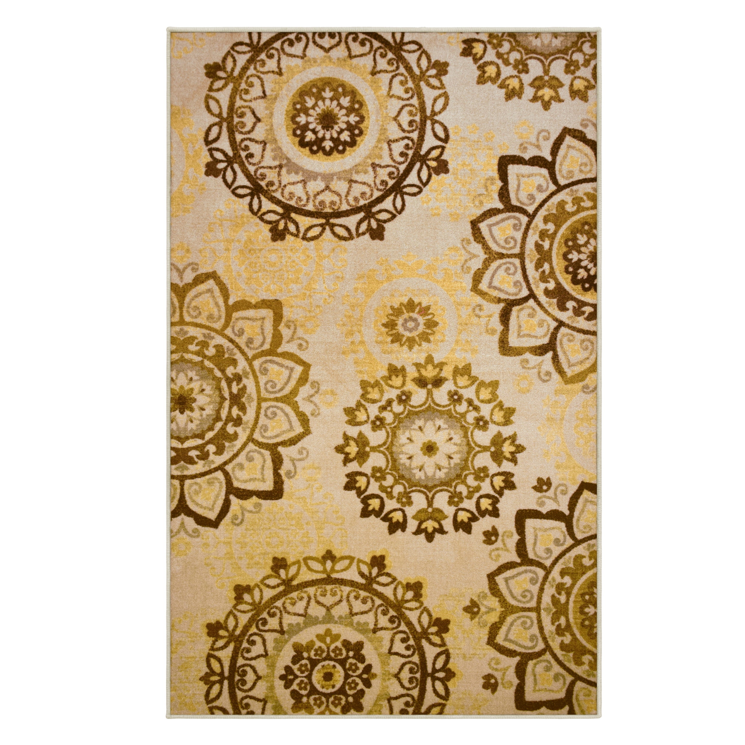 Cream and Brown Floral Medallion Washable Area Rug, 5'x8'