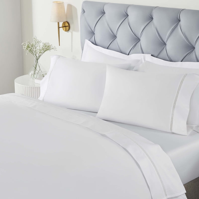 Full White Cotton Satin Embroidered Deep Pocket Bed Sheet Set