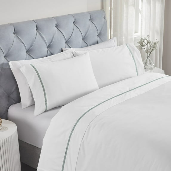 Superior Riverton Embroidered Cotton Bed Sheet Set, Twin XL, White/Light Teal