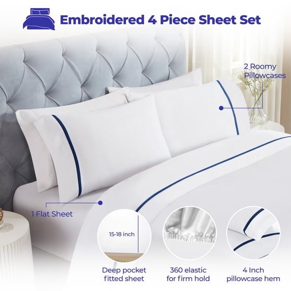 Superior Riverton Embroidered Cotton Bed Sheet Set, Twin XL, White/Navy Blue