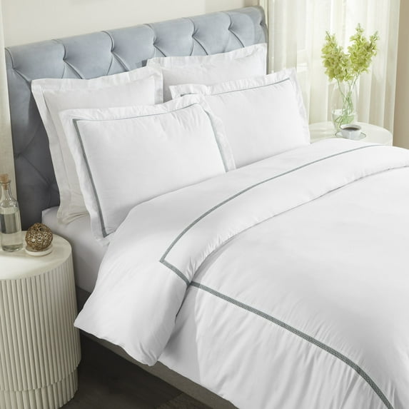 Superior Riverton Embroidered Cotton Duvet Cover Set, King/California King, White/Light Teal